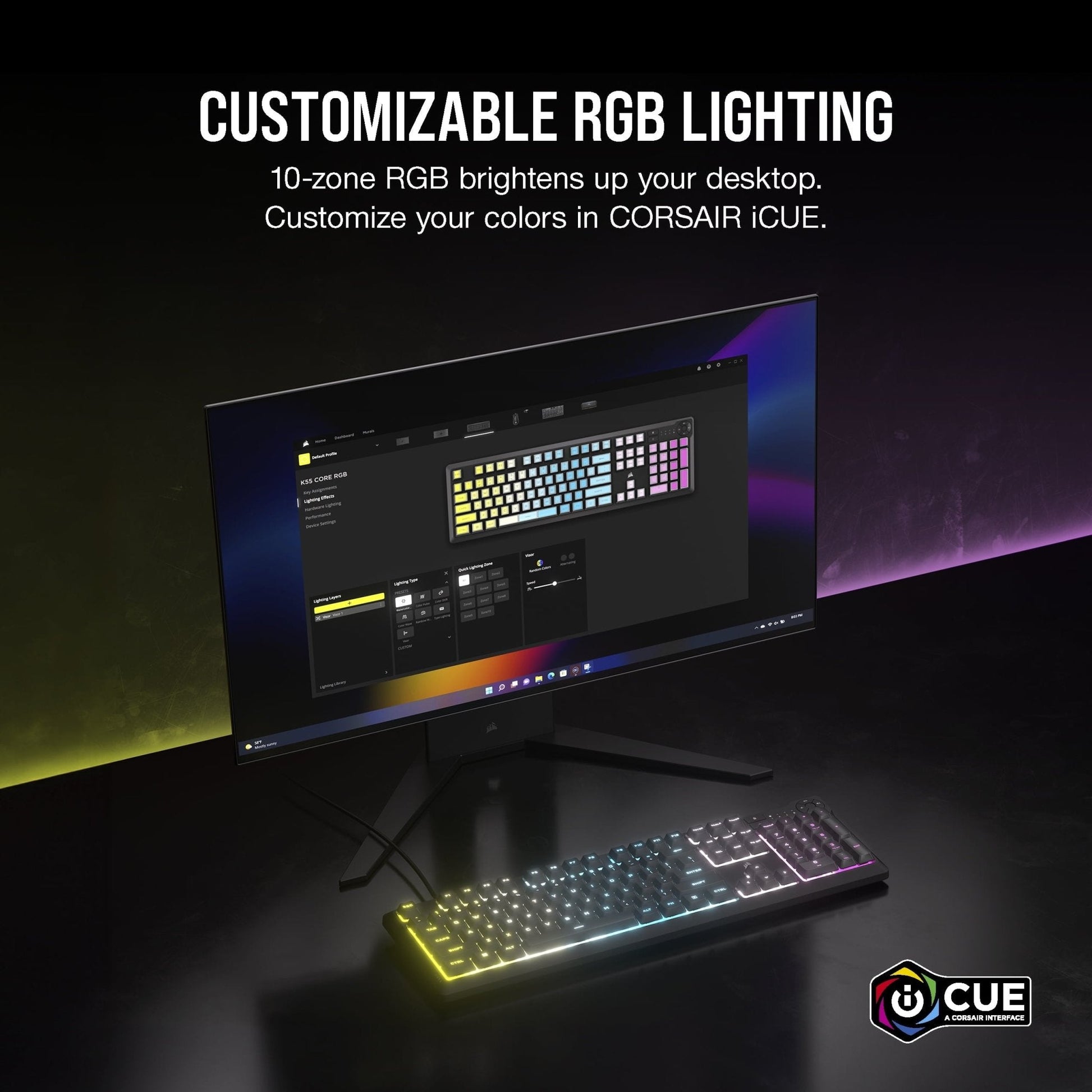 K55 CORE RGB Gaming Keyboard - Ten - Zone RGB - Four Dedicated Media Keys - Quiet, Responsive Switches - 300Ml Spill Resistance - 104 Keys - Icue - Gray - Lone Star PC